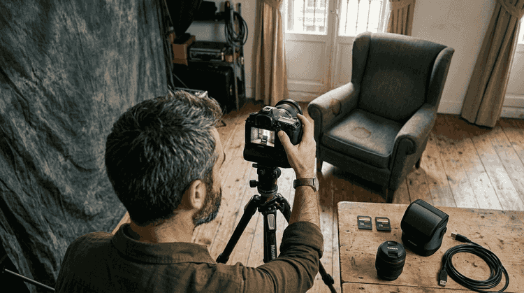 A photographer prepares his camera before a studio session.