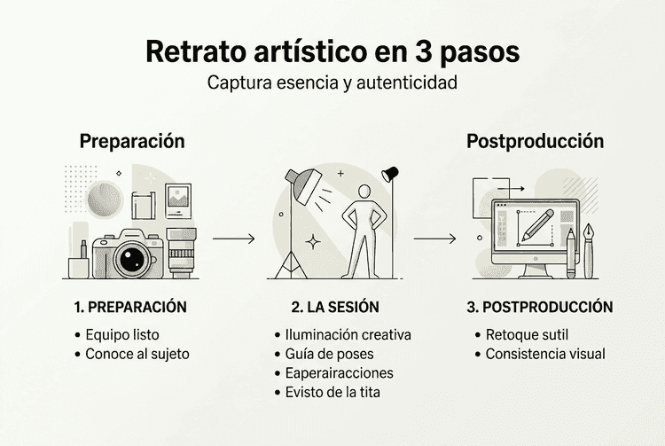 Infografía con los pasos esenciales para crear un retrato artístico