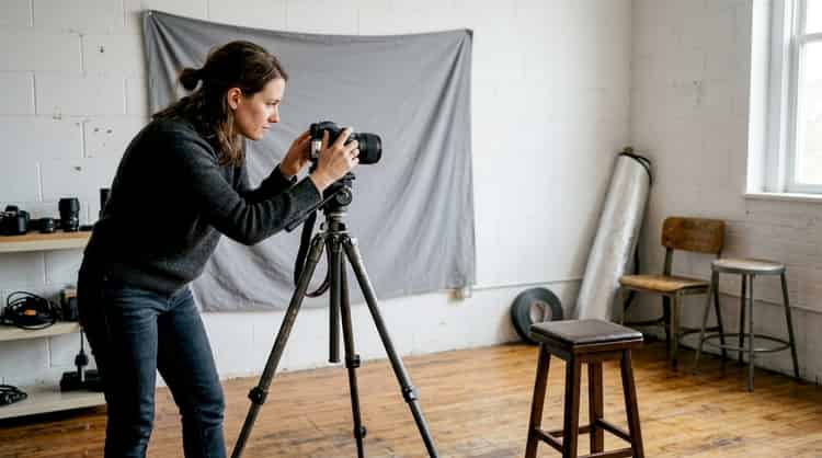A photographer setting up his camera before starting a session in a simple art studio.