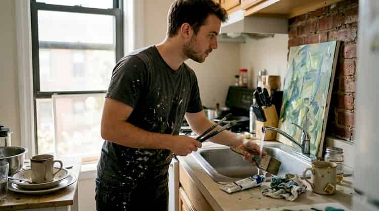 An artist using the kitchen space to clean his brushes after painting.