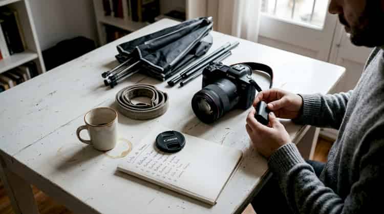 Photography equipment placed on a white table