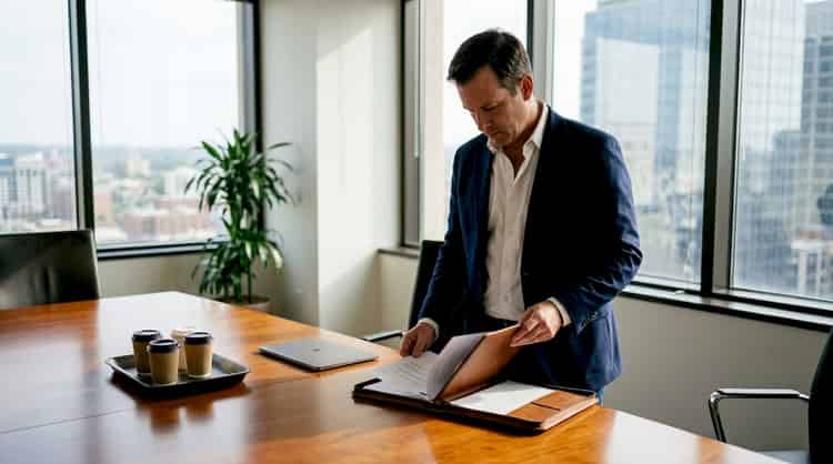 Executive reviews portfolio documents next to large windows with a panoramic view.