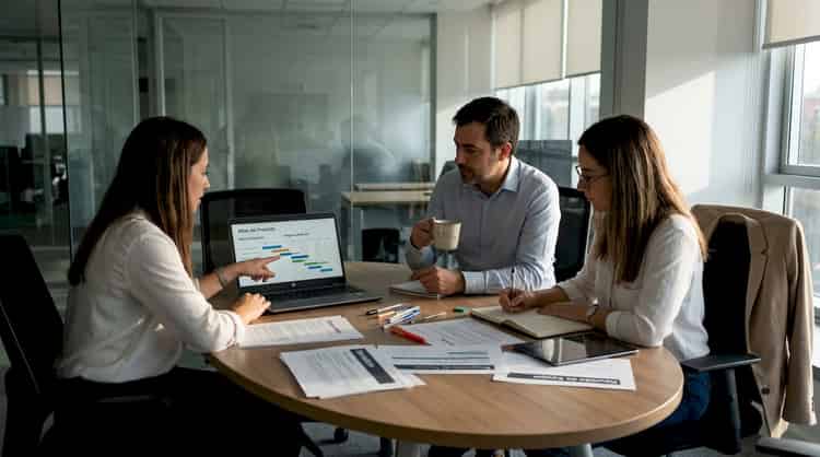 A workgroup holds a meeting in a glass-walled room.