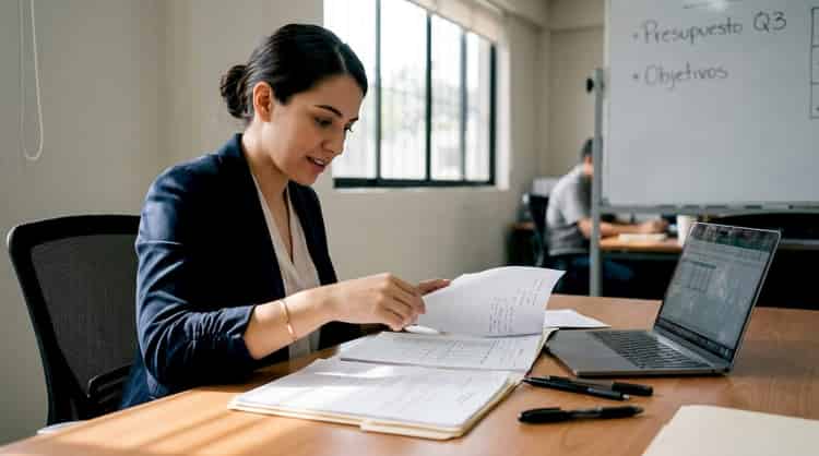 Businesswoman reviewing papers in the meeting room