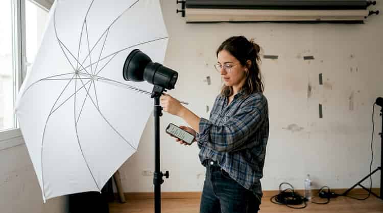 A photographer prepares the lighting in a small studio.