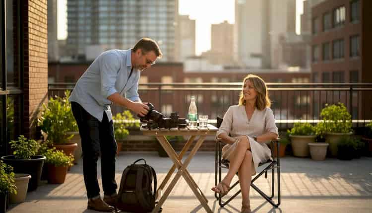A photographer carefully prepares his camera before capturing a portrait full of emotion.